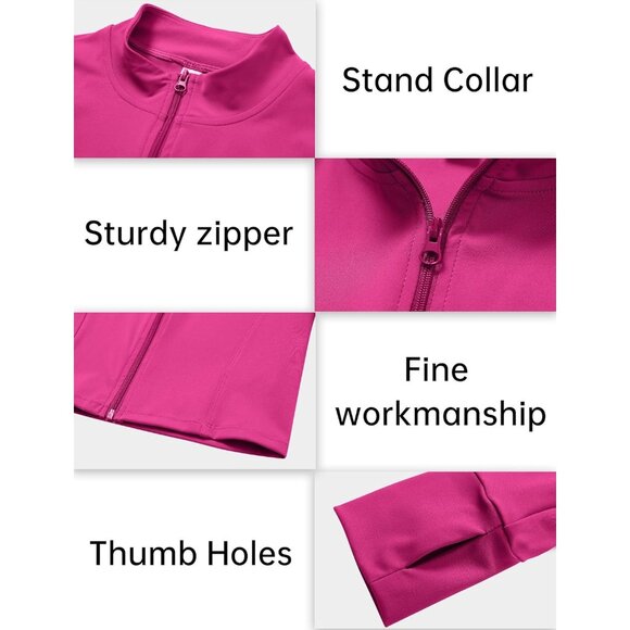 Feoya Womens Pink Slim Fit Long Sleeve Full Zip Workout Crop Jacket For Sports - Picture 4 of 6